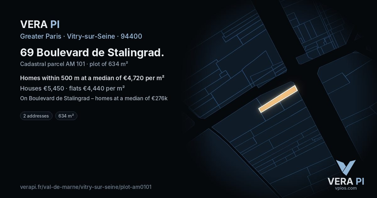69 Boulevard de Stalingrad, Vitry-sur-Seine at night – the plot lit, the parcels around coloured by the prices near them