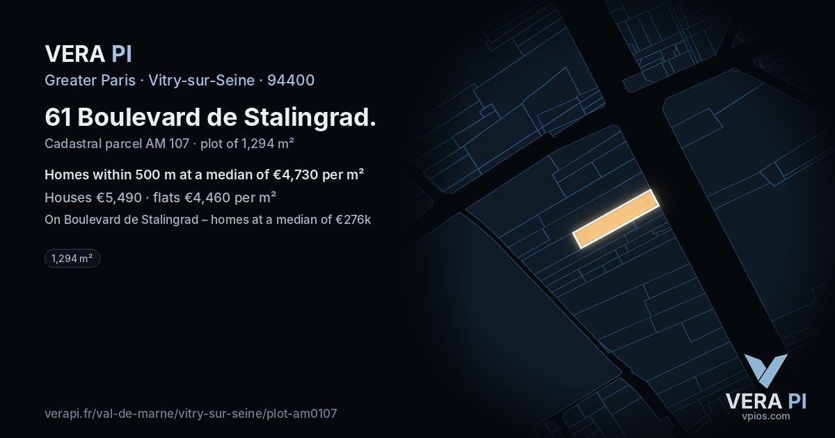 61 Boulevard de Stalingrad, Vitry-sur-Seine at night – the plot lit, the parcels around coloured by the prices near them