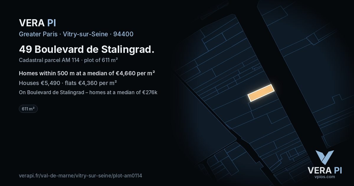 49 Boulevard de Stalingrad, Vitry-sur-Seine at night – the plot lit, the parcels around coloured by the prices near them