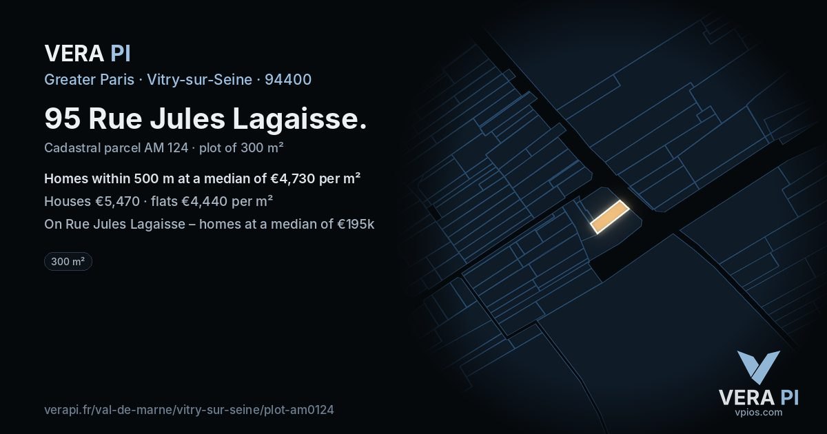 95 Rue Jules Lagaisse, Vitry-sur-Seine at night – the plot lit, the parcels around coloured by the prices near them