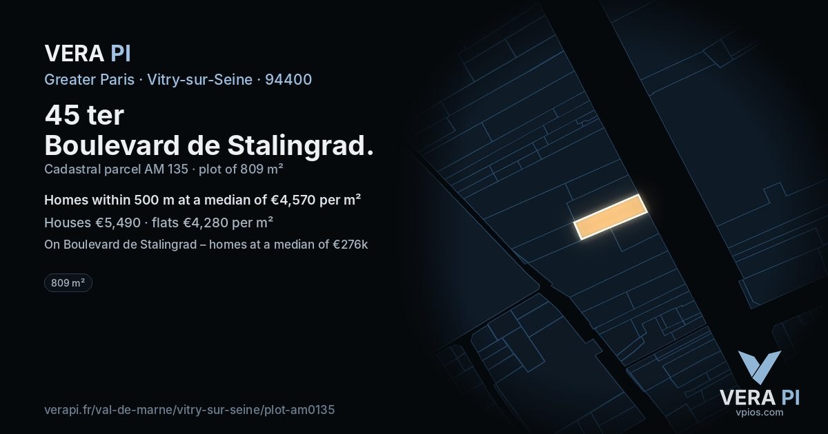 45 ter Boulevard de Stalingrad, Vitry-sur-Seine at night – the plot lit, the parcels around coloured by the prices near them