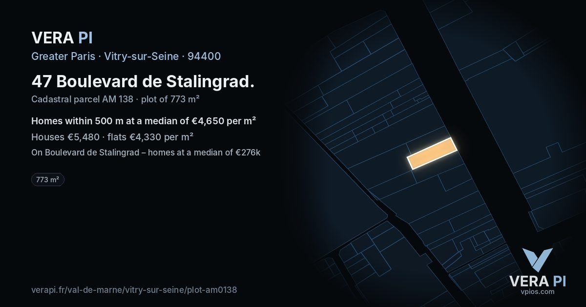 47 Boulevard de Stalingrad, Vitry-sur-Seine at night – the plot lit, the parcels around coloured by the prices near them