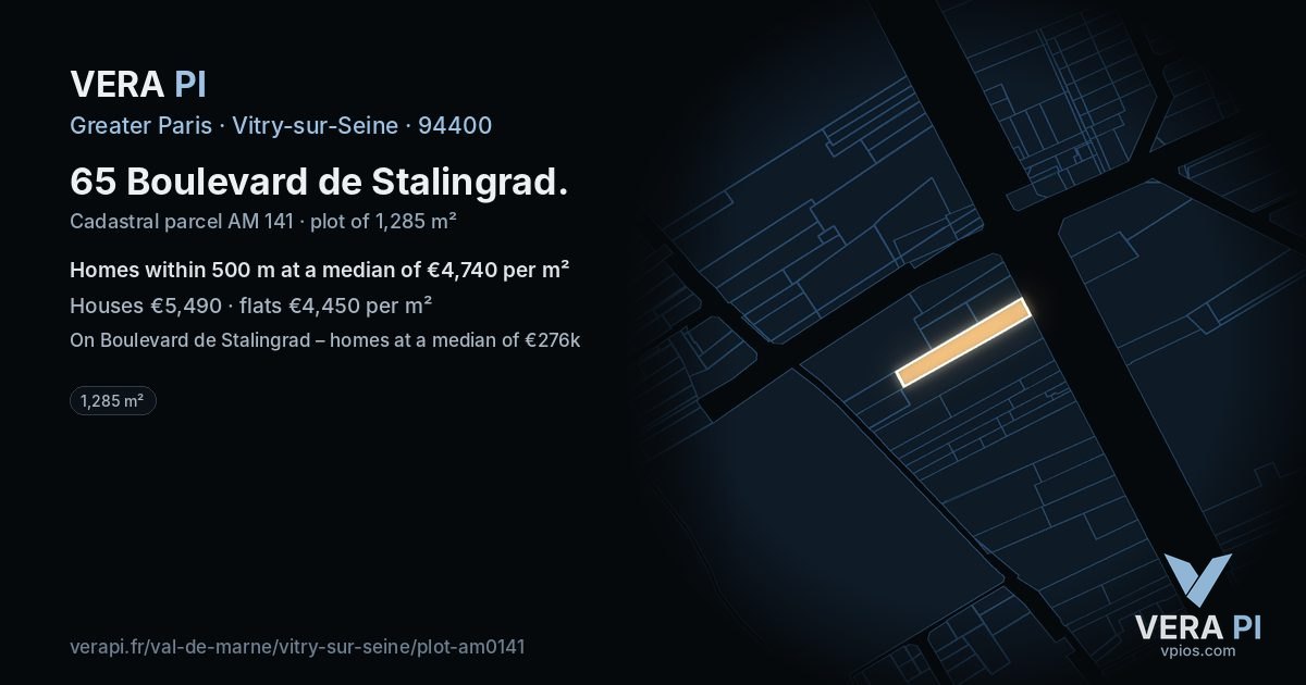 65 Boulevard de Stalingrad, Vitry-sur-Seine at night – the plot lit, the parcels around coloured by the prices near them