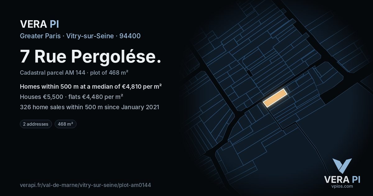7 Rue Pergolése, Vitry-sur-Seine at night – the plot lit, the parcels around coloured by the prices near them