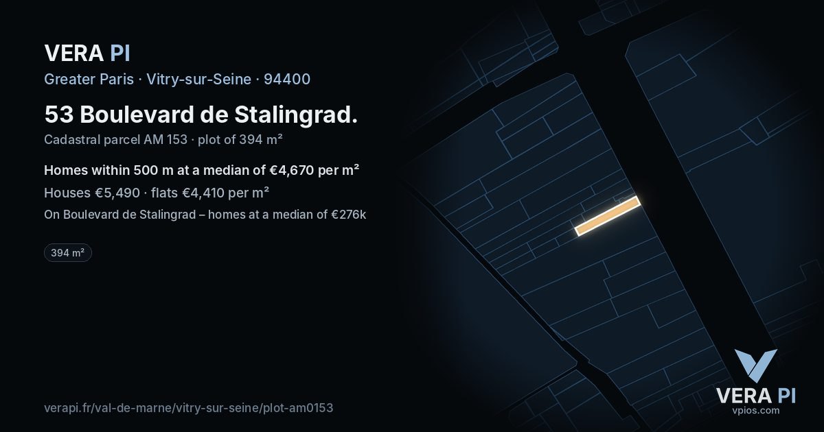 53 Boulevard de Stalingrad, Vitry-sur-Seine at night – the plot lit, the parcels around coloured by the prices near them
