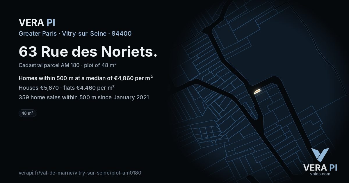 63 Rue des Noriets, Vitry-sur-Seine at night – the plot lit, the parcels around coloured by the prices near them