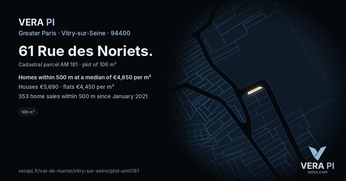 61 Rue des Noriets, Vitry-sur-Seine at night – the plot lit, the parcels around coloured by the prices near them