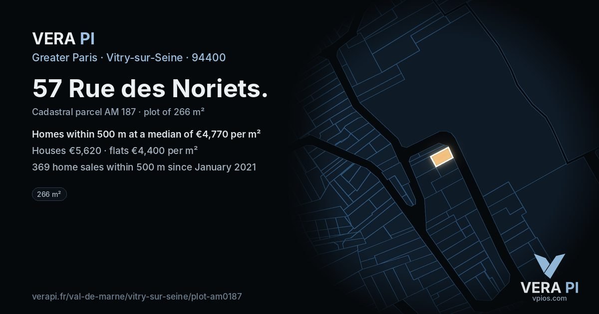 57 Rue des Noriets, Vitry-sur-Seine at night – the plot lit, the parcels around coloured by the prices near them