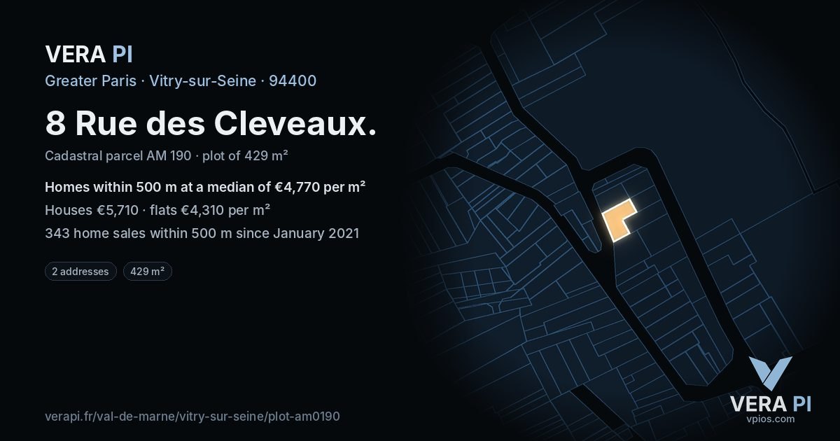 8 Rue des Cleveaux, Vitry-sur-Seine at night – the plot lit, the parcels around coloured by the prices near them