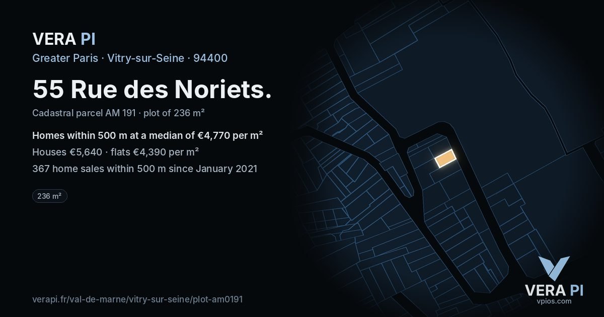 55 Rue des Noriets, Vitry-sur-Seine at night – the plot lit, the parcels around coloured by the prices near them