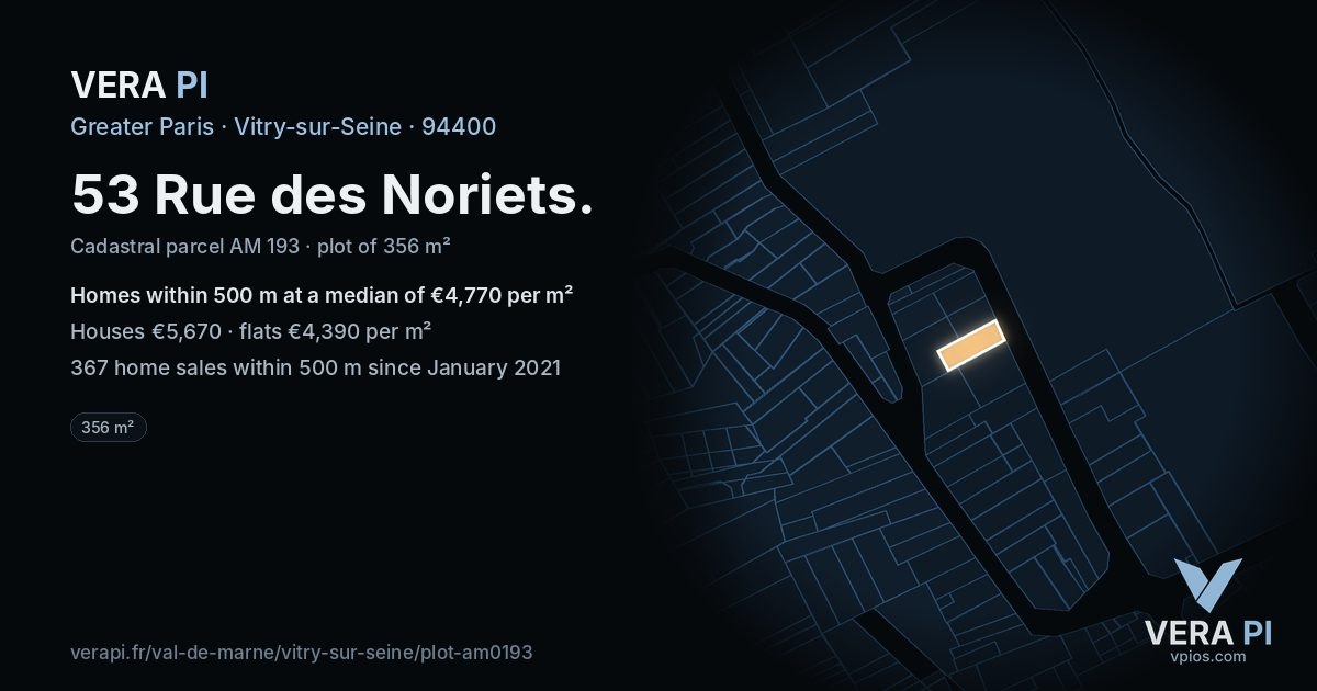 53 Rue des Noriets, Vitry-sur-Seine at night – the plot lit, the parcels around coloured by the prices near them