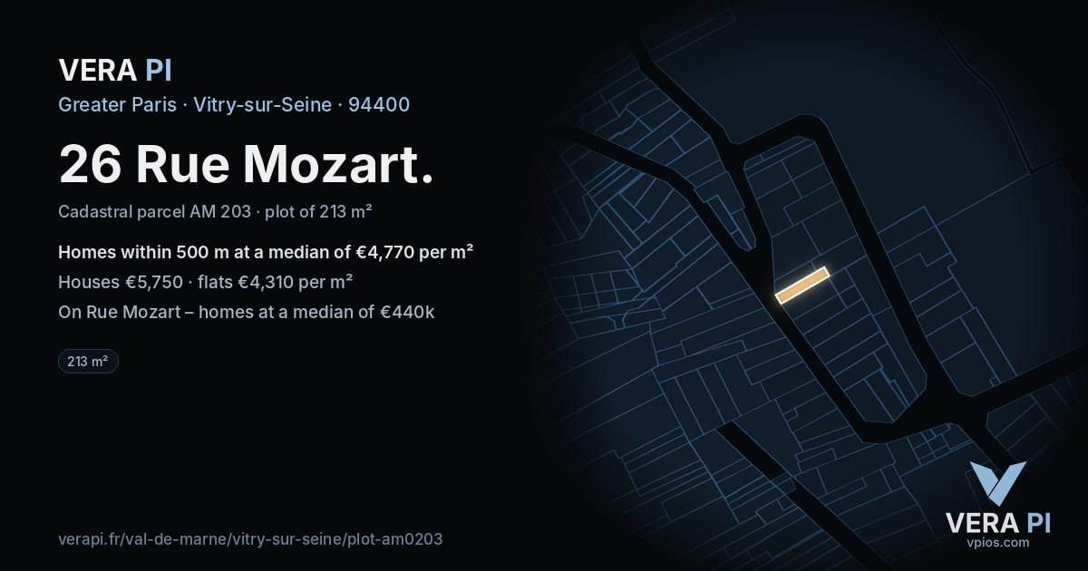26 Rue Mozart, Vitry-sur-Seine at night – the plot lit, the parcels around coloured by the prices near them