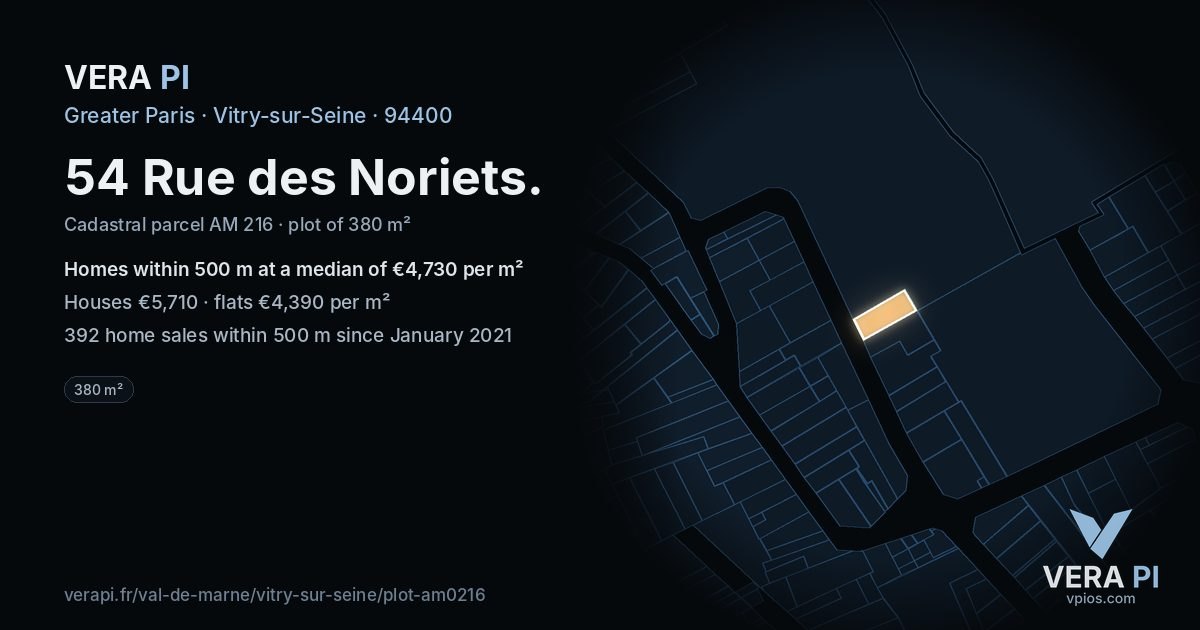 54 Rue des Noriets, Vitry-sur-Seine at night – the plot lit, the parcels around coloured by the prices near them