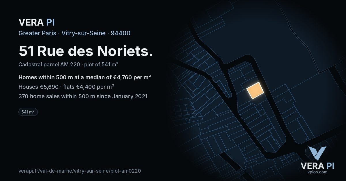 51 Rue des Noriets, Vitry-sur-Seine at night – the plot lit, the parcels around coloured by the prices near them