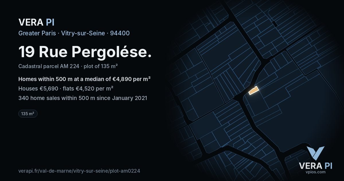 19 Rue Pergolése, Vitry-sur-Seine at night – the plot lit, the parcels around coloured by the prices near them