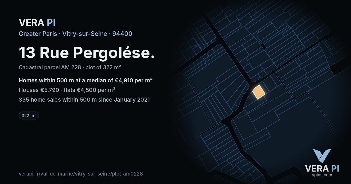 13 Rue Pergolése, Vitry-sur-Seine at night – the plot lit, the parcels around coloured by the prices near them
