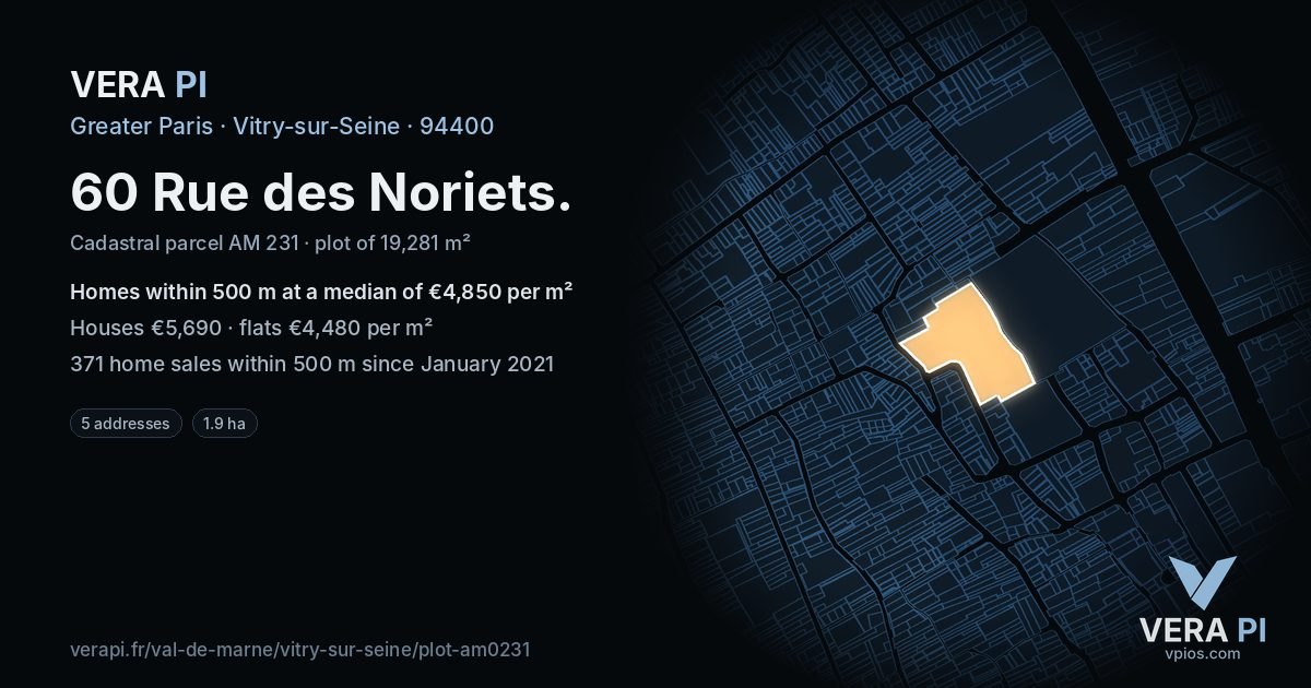60 Rue des Noriets, Vitry-sur-Seine at night – the plot lit, the parcels around coloured by the prices near them