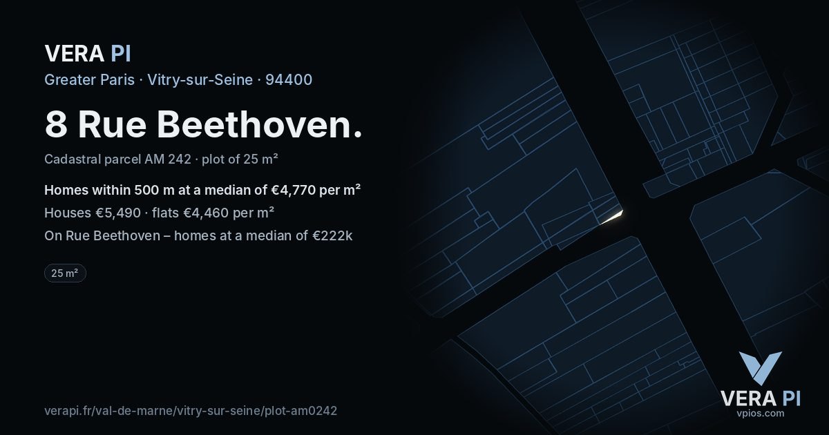 8 Rue Beethoven, Vitry-sur-Seine at night – the plot lit, the parcels around coloured by the prices near them