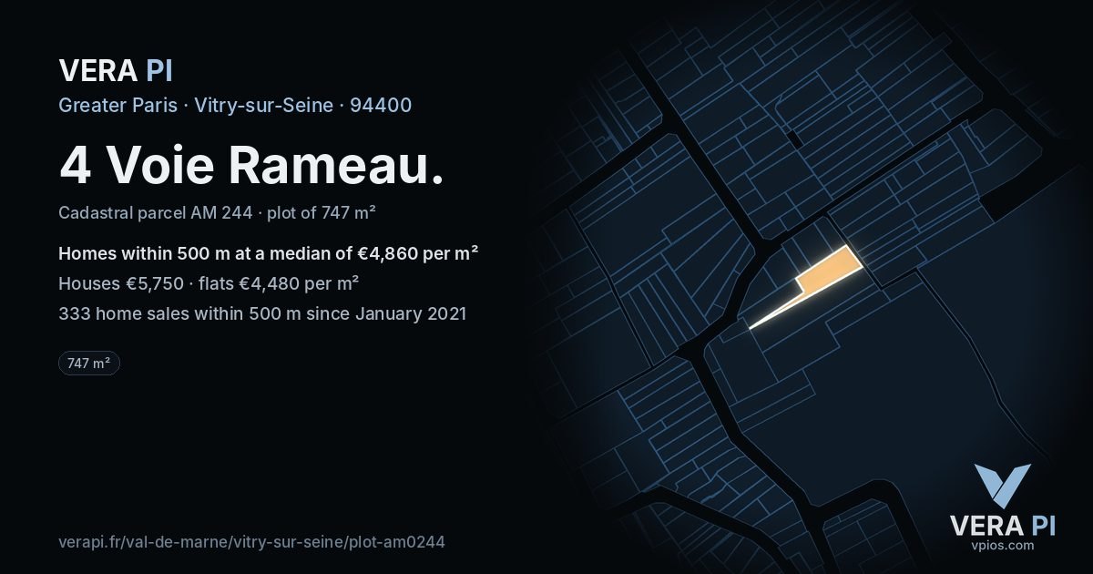 4 Voie Rameau, Vitry-sur-Seine at night – the plot lit, the parcels around coloured by the prices near them