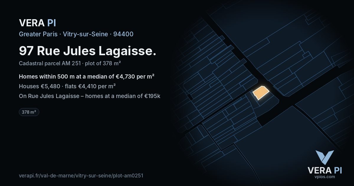 97 Rue Jules Lagaisse, Vitry-sur-Seine at night – the plot lit, the parcels around coloured by the prices near them