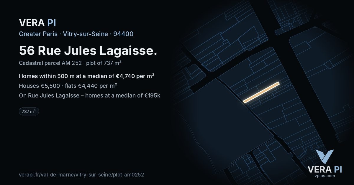 56 Rue Jules Lagaisse, Vitry-sur-Seine at night – the plot lit, the parcels around coloured by the prices near them