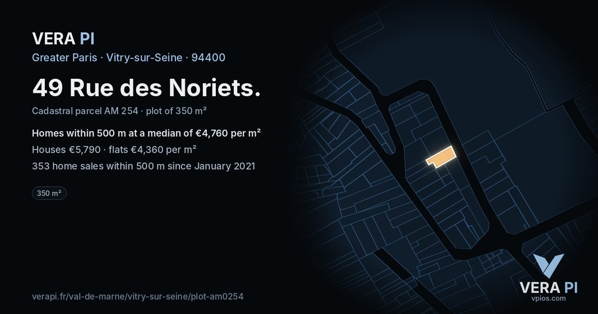 49 Rue des Noriets, Vitry-sur-Seine at night – the plot lit, the parcels around coloured by the prices near them