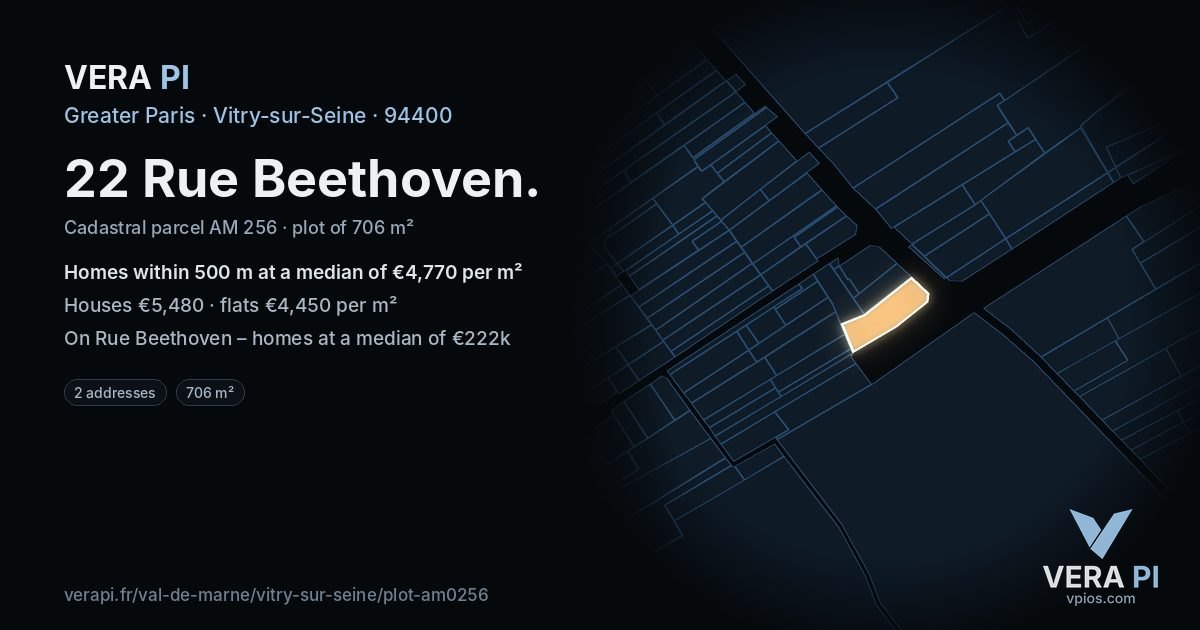 22 Rue Beethoven, Vitry-sur-Seine at night – the plot lit, the parcels around coloured by the prices near them