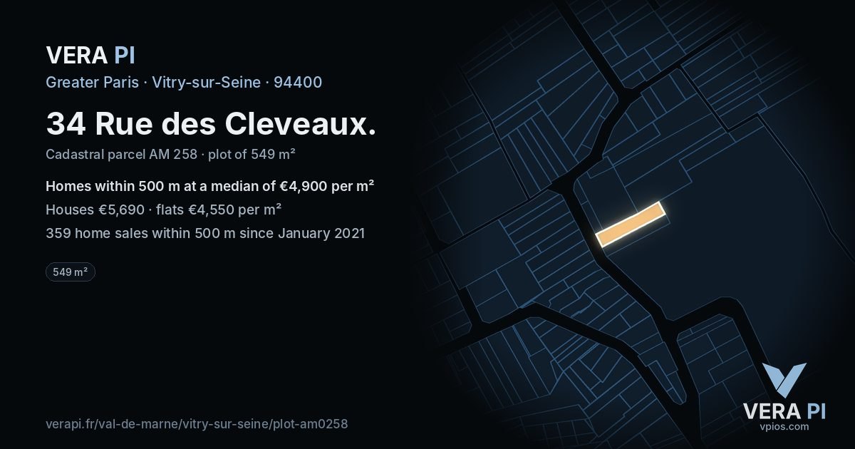 34 Rue des Cleveaux, Vitry-sur-Seine at night – the plot lit, the parcels around coloured by the prices near them