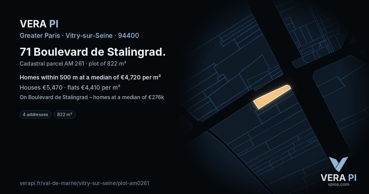 71 Boulevard de Stalingrad, Vitry-sur-Seine at night – the plot lit, the parcels around coloured by the prices near them