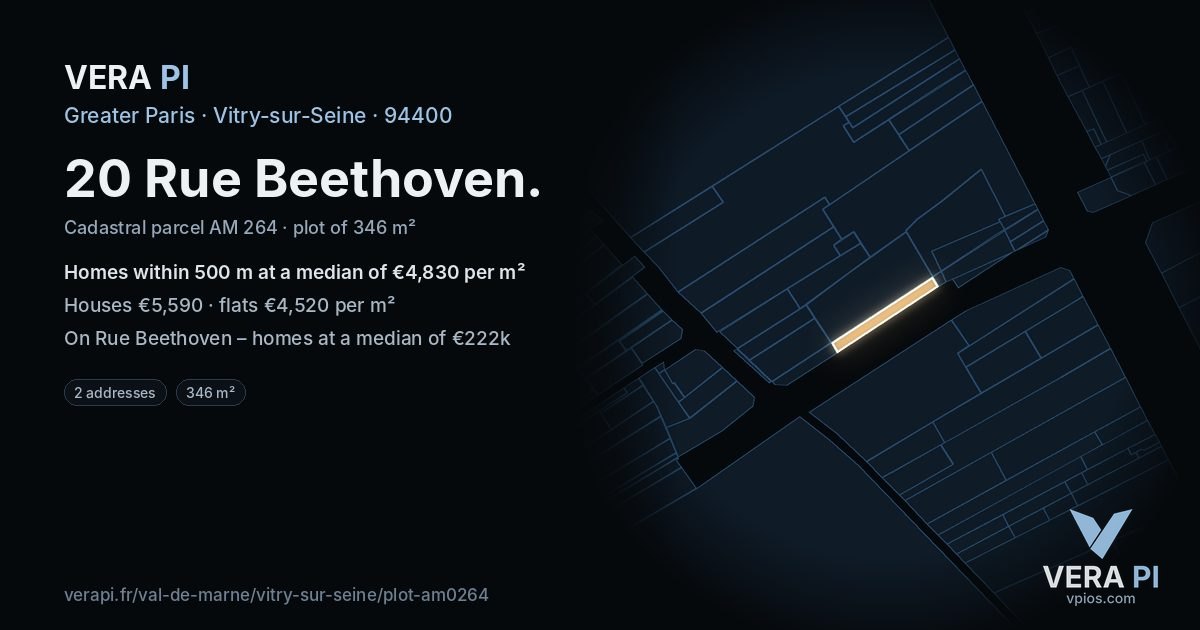 20 Rue Beethoven, Vitry-sur-Seine at night – the plot lit, the parcels around coloured by the prices near them