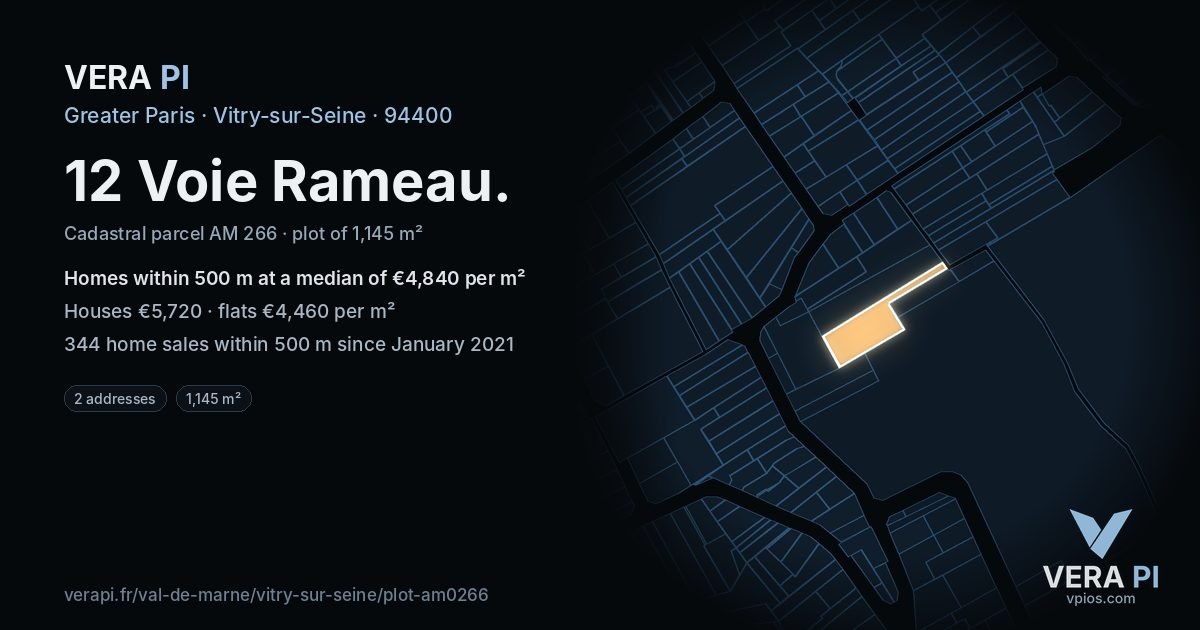 12 Voie Rameau, Vitry-sur-Seine at night – the plot lit, the parcels around coloured by the prices near them