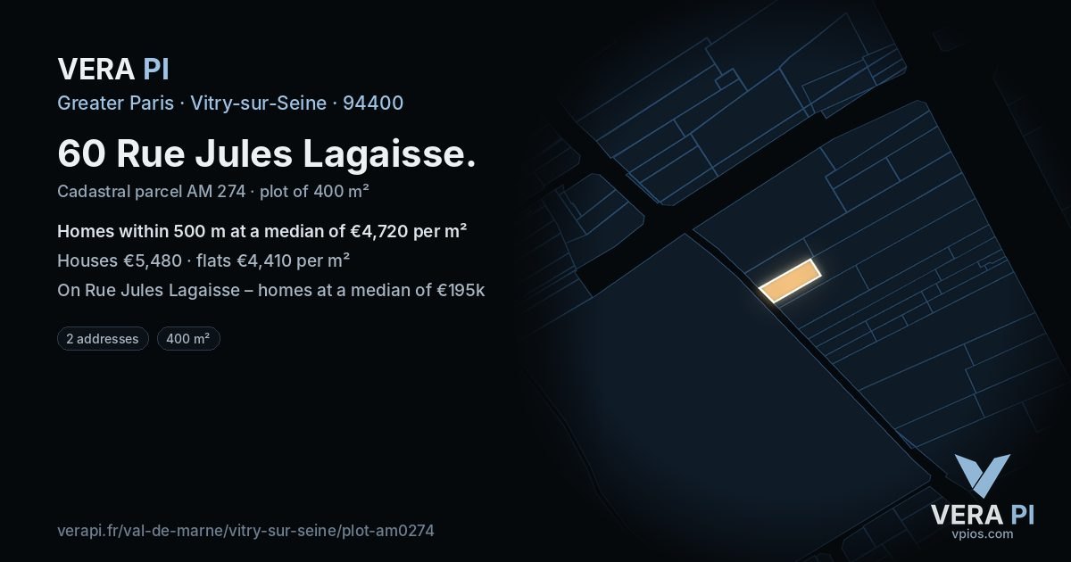 60 Rue Jules Lagaisse, Vitry-sur-Seine at night – the plot lit, the parcels around coloured by the prices near them