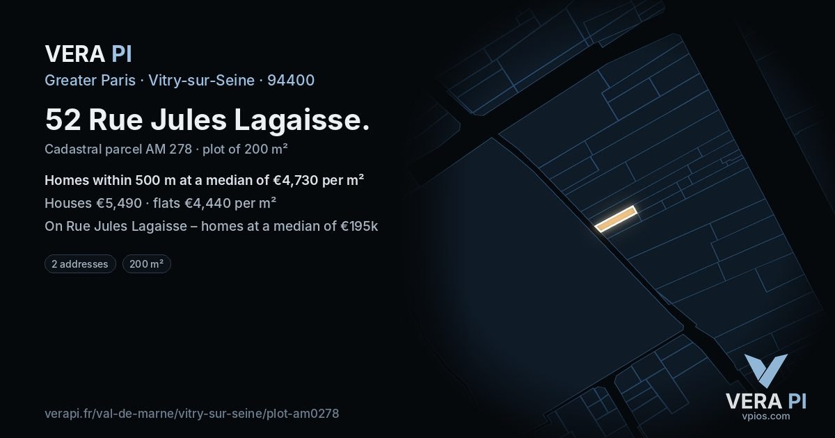 52 Rue Jules Lagaisse, Vitry-sur-Seine at night – the plot lit, the parcels around coloured by the prices near them