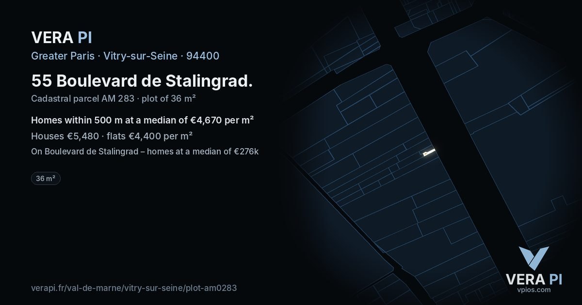 55 Boulevard de Stalingrad, Vitry-sur-Seine at night – the plot lit, the parcels around coloured by the prices near them