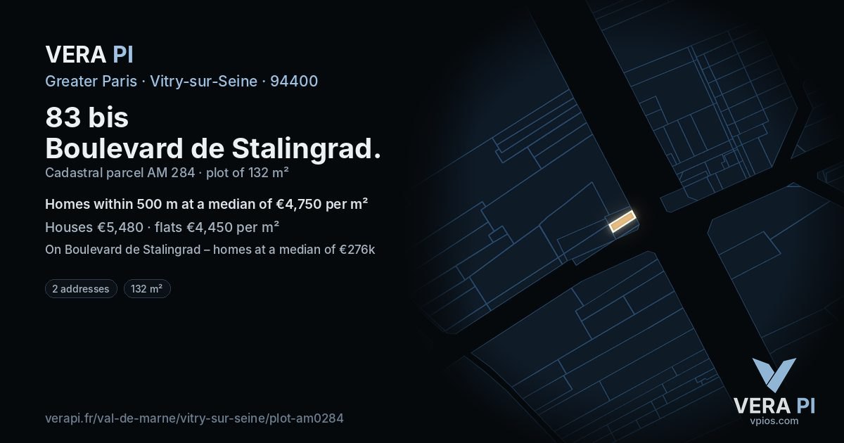 83 bis Boulevard de Stalingrad, Vitry-sur-Seine at night – the plot lit, the parcels around coloured by the prices near them