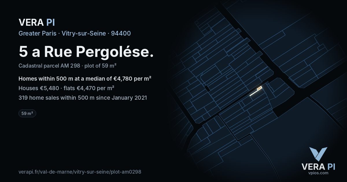 5 a Rue Pergolése, Vitry-sur-Seine at night – the plot lit, the parcels around coloured by the prices near them