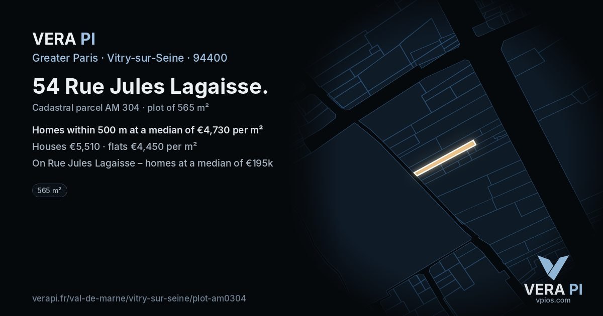 54 Rue Jules Lagaisse, Vitry-sur-Seine at night – the plot lit, the parcels around coloured by the prices near them
