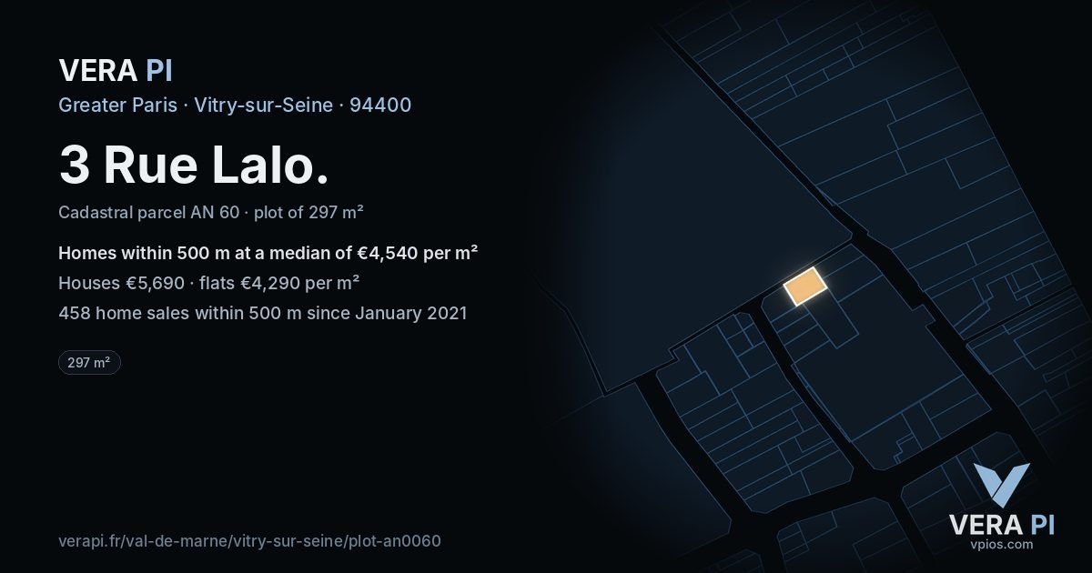 3 Rue Lalo, Vitry-sur-Seine at night – the plot lit, the parcels around coloured by the prices near them
