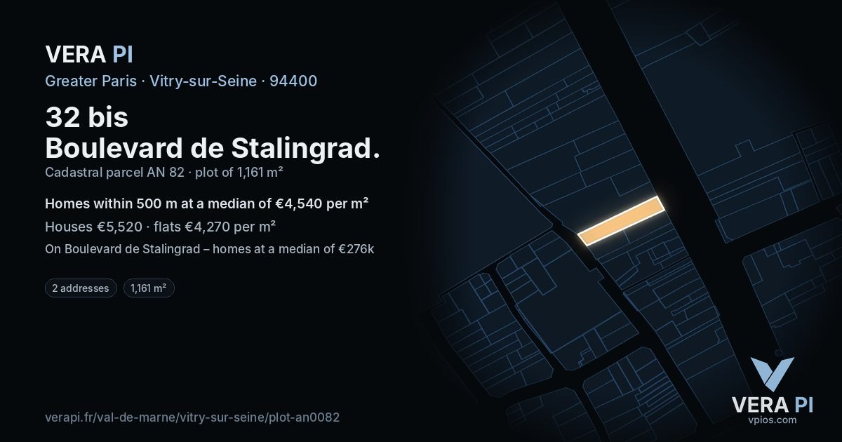 32 bis Boulevard de Stalingrad, Vitry-sur-Seine at night – the plot lit, the parcels around coloured by the prices near them