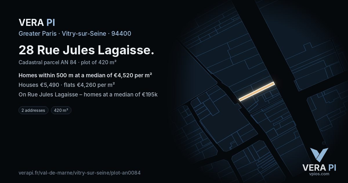 28 Rue Jules Lagaisse, Vitry-sur-Seine at night – the plot lit, the parcels around coloured by the prices near them