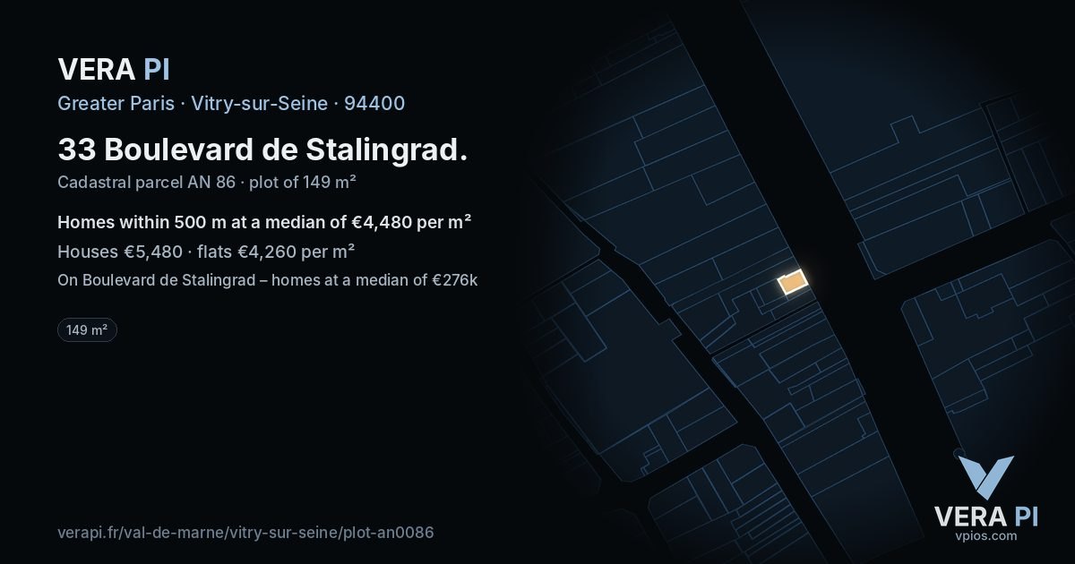 33 Boulevard de Stalingrad, Vitry-sur-Seine at night – the plot lit, the parcels around coloured by the prices near them