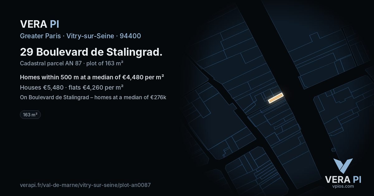 29 Boulevard de Stalingrad, Vitry-sur-Seine at night – the plot lit, the parcels around coloured by the prices near them