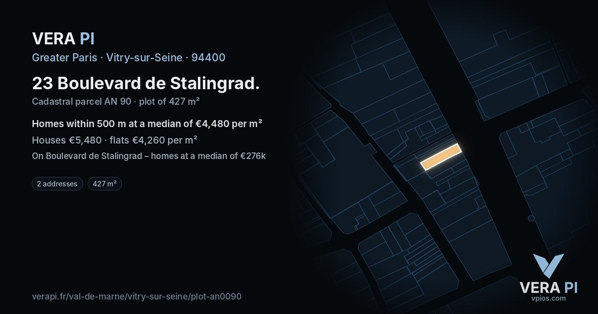 23 Boulevard de Stalingrad, Vitry-sur-Seine at night – the plot lit, the parcels around coloured by the prices near them
