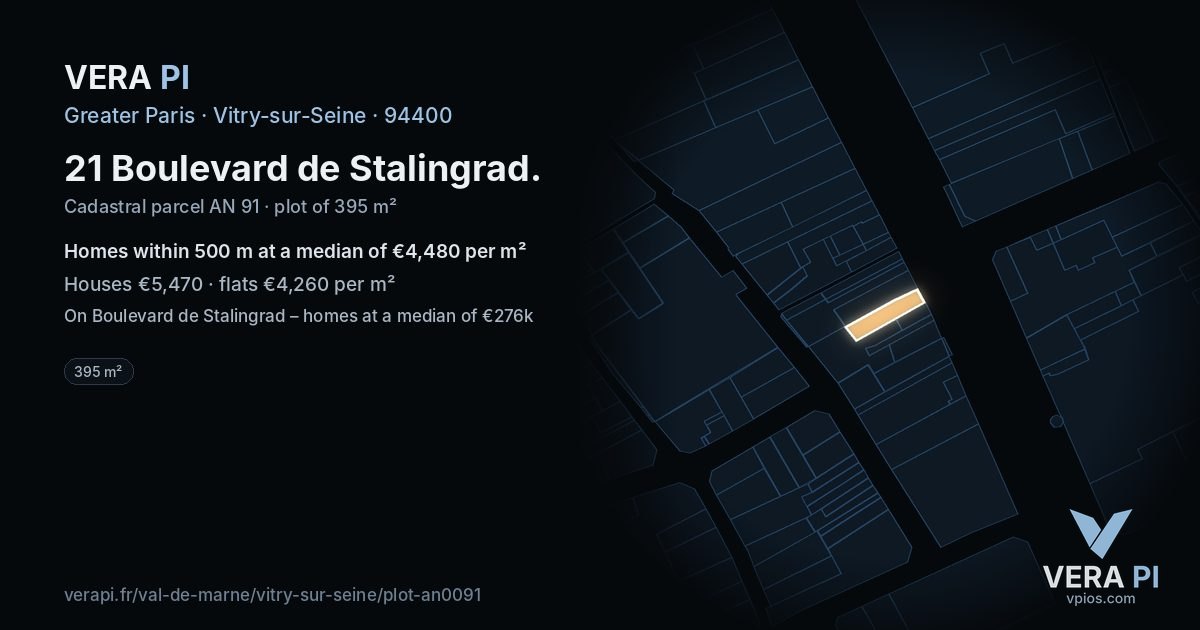 21 Boulevard de Stalingrad, Vitry-sur-Seine at night – the plot lit, the parcels around coloured by the prices near them