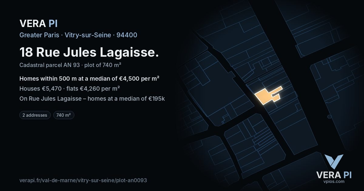 18 Rue Jules Lagaisse, Vitry-sur-Seine at night – the plot lit, the parcels around coloured by the prices near them
