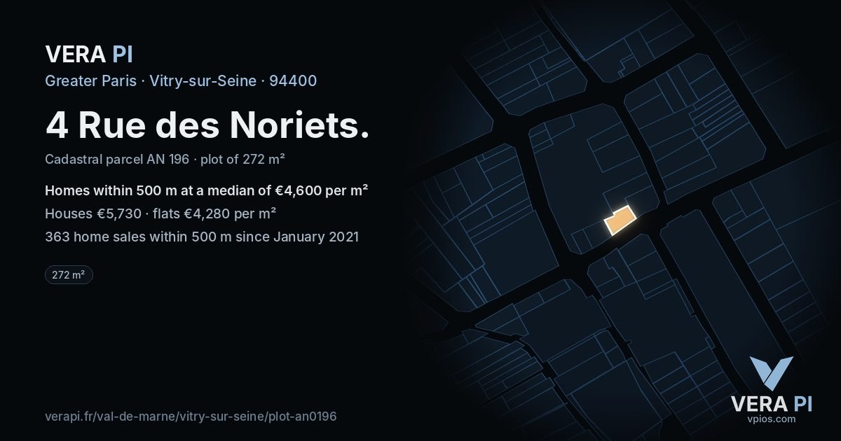 4 Rue des Noriets, Vitry-sur-Seine at night – the plot lit, the parcels around coloured by the prices near them