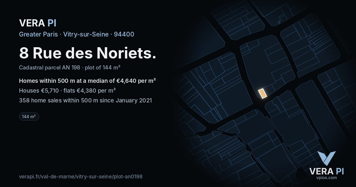 8 Rue des Noriets, Vitry-sur-Seine at night – the plot lit, the parcels around coloured by the prices near them