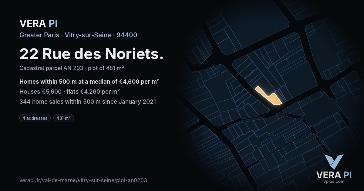 22 Rue des Noriets, Vitry-sur-Seine at night – the plot lit, the parcels around coloured by the prices near them