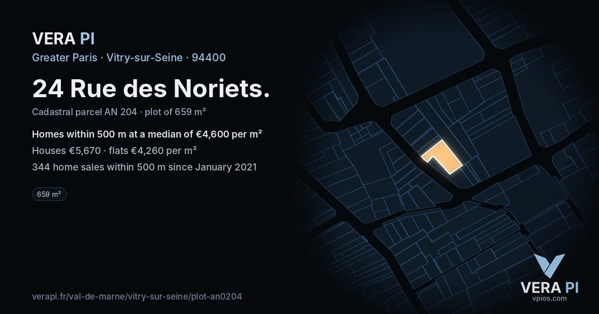 24 Rue des Noriets, Vitry-sur-Seine at night – the plot lit, the parcels around coloured by the prices near them