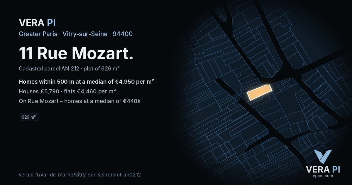 11 Rue Mozart, Vitry-sur-Seine at night – the plot lit, the parcels around coloured by the prices near them